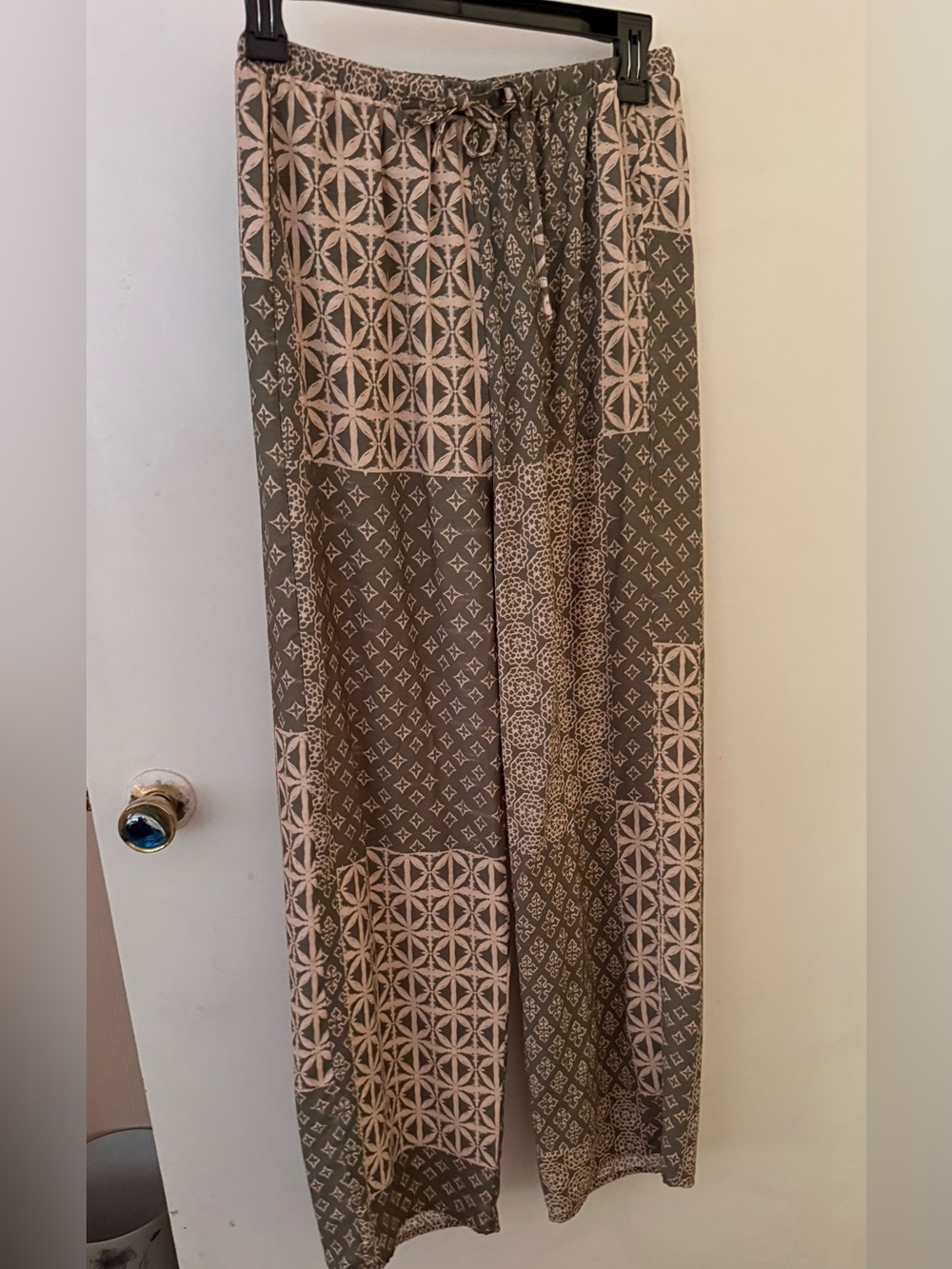 Drawstring Wide-Leg Pants in Taupe & Blush Patchwork
